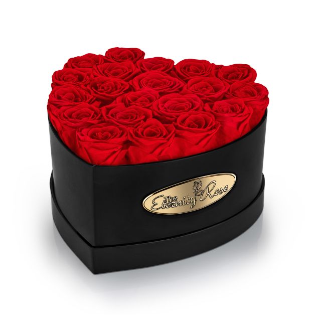 20 konservierte rote Rosen in herzförmiger Präsentationsbox – Schwarz