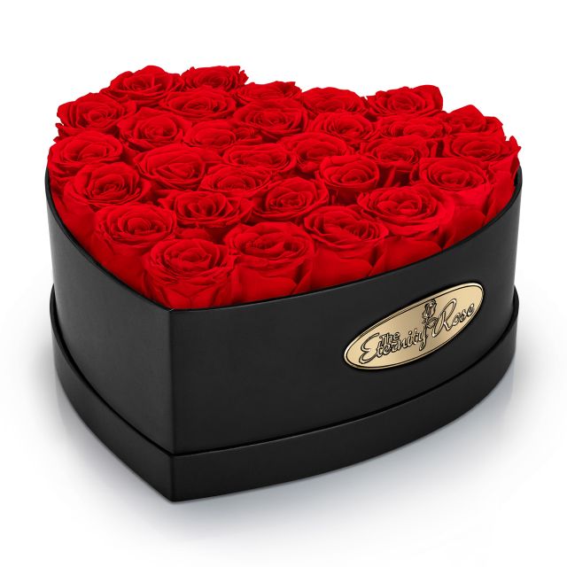 30 konservierte rote Rosen in herzförmiger Präsentationsbox – Schwarz