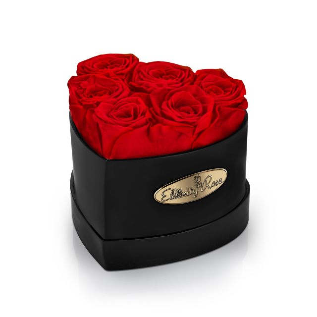 6 konservierte rote Rosen in herzförmiger Präsentationsbox – Schwarz