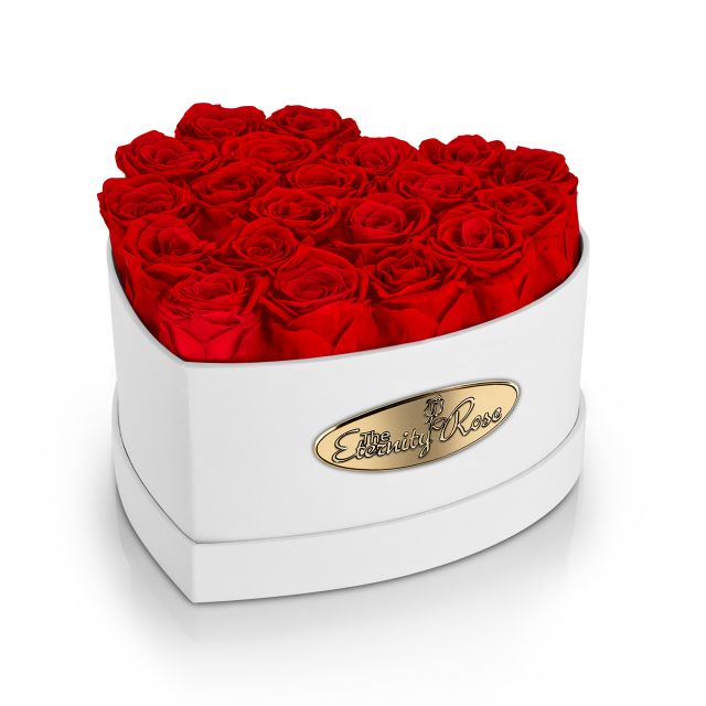 20 konservierte rote Rosen in herzförmiger Präsentationsbox – Weiß