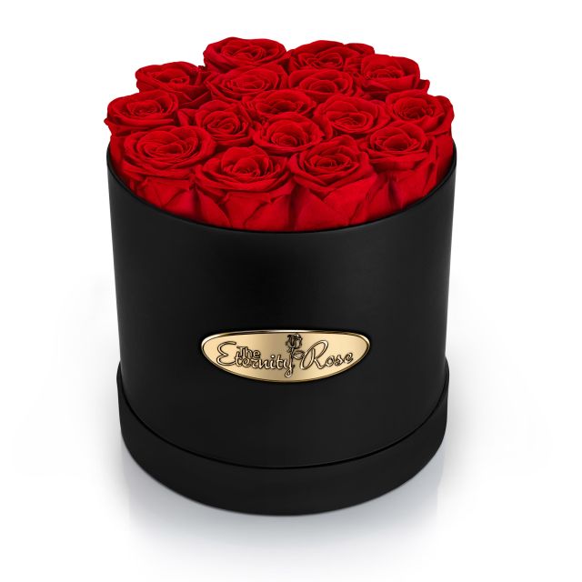 16 konservierte Rosen in runder Präsentationsbox – Schwarz
