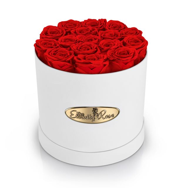 16 konservierte Rosen in runder Präsentationsbox – Weiß