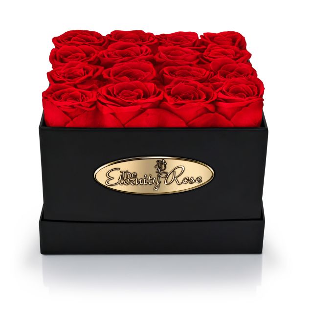 16 konservierte rote Rosen in quadratischer Präsentationsbox – Schwarz