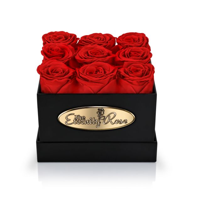 9 konservierte rote Rosen in quadratischer Präsentationsbox – Schwarz