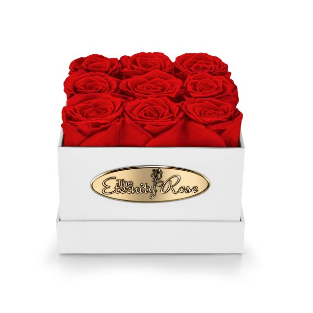 9 konservierte rote Rosen in quadratischer Präsentationsbox – Weiß