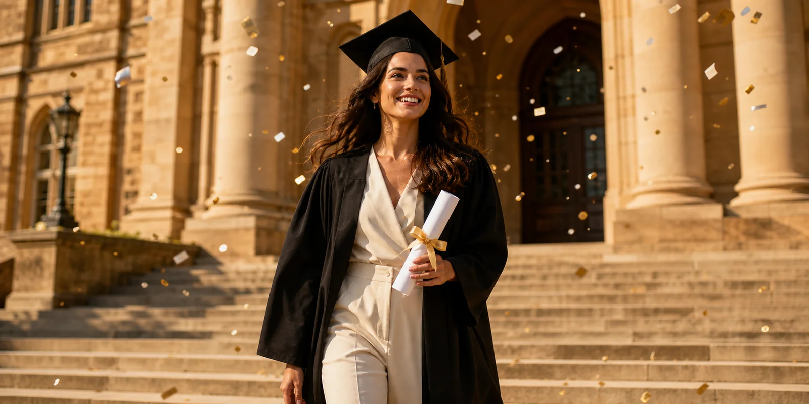 A graduate wearing a mortarboard and gown celebrating outside a university