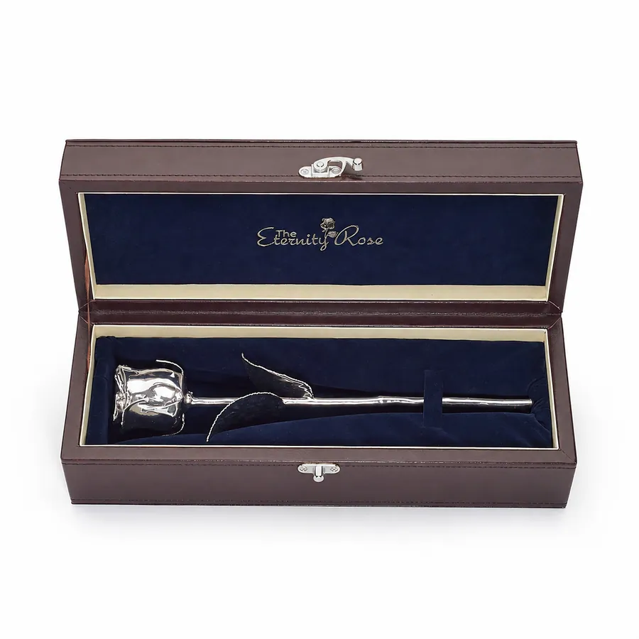 A genuine natural rose preserved in silver in its presentation case