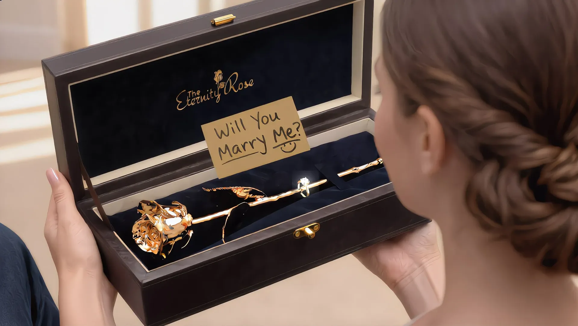 Romantic marriage proposal with gold-dipped Eternity Rose